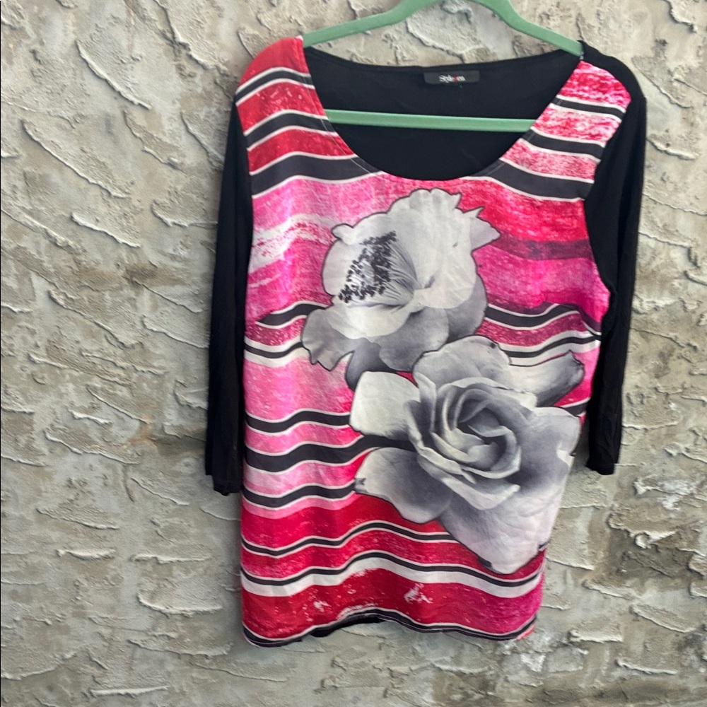 Style & Co. Black White Red Floral Stripe Lined 3/4 Sleeve Blouse Sz L Worn 1x